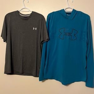 LOT OF 2 MEN UNDER ARMOR SHORT SLEEVE & HOODED LONG SLEEVE SHIRT HEAT GEAR LOOSE
